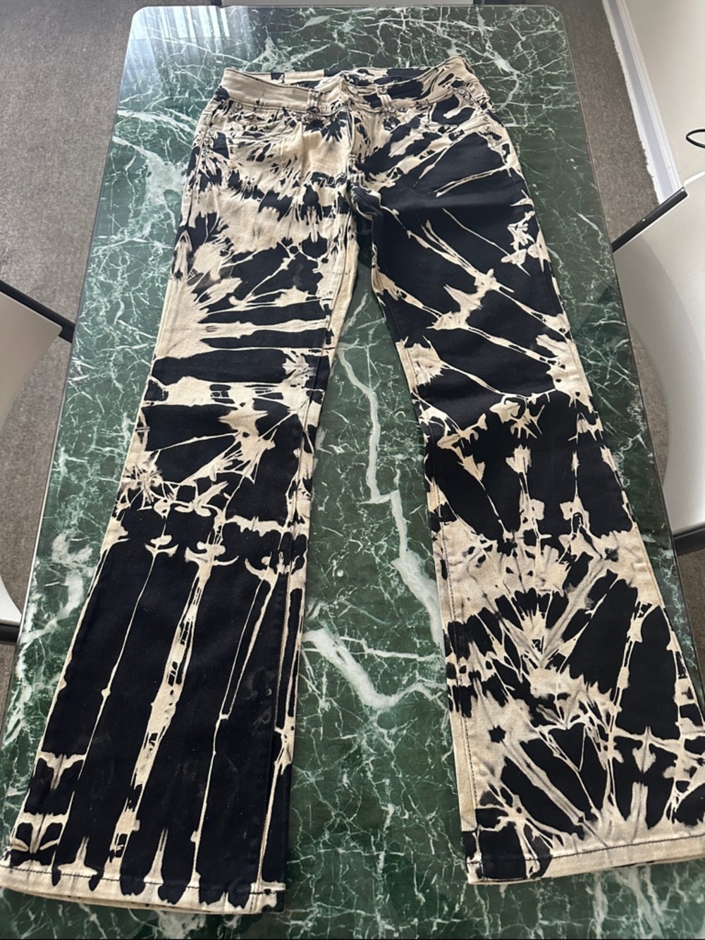 Tie-Dye Black & Cream Flare Jeans